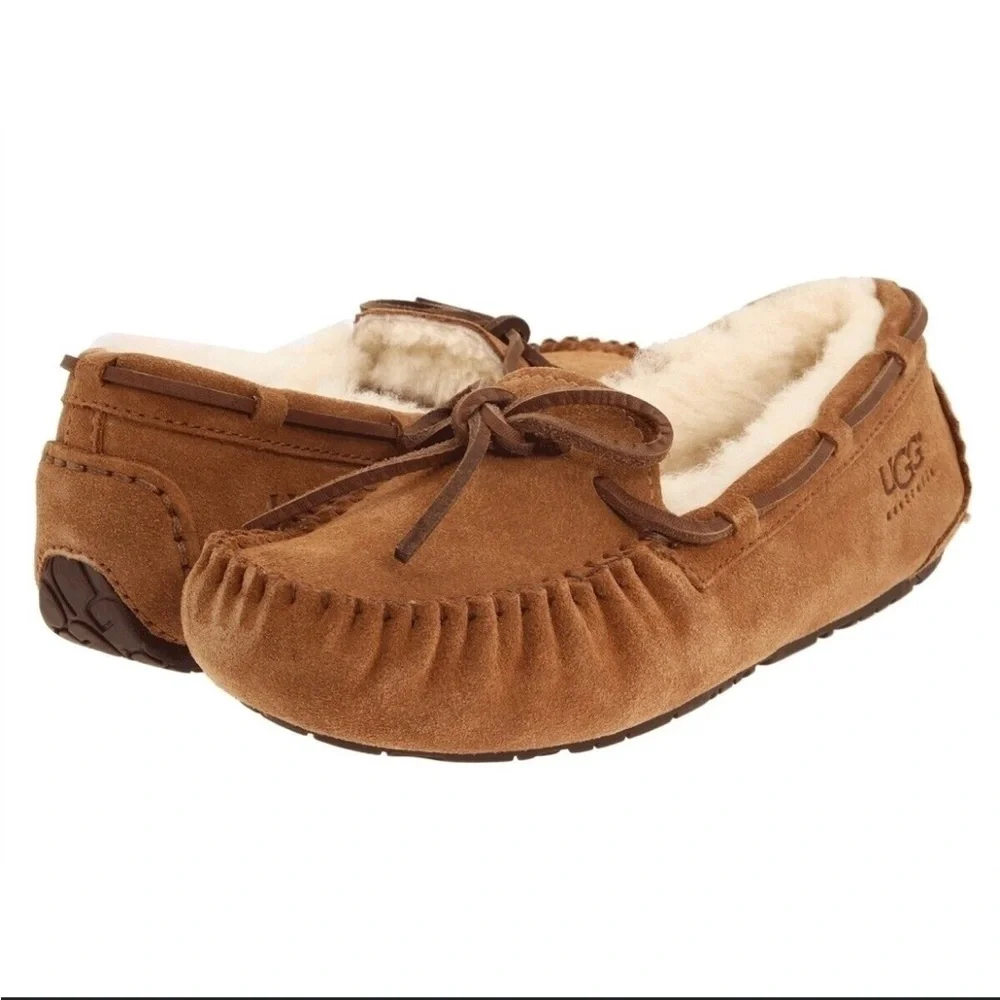 UGG Chestnut Brown Suede Moccasin Slippers with Shearling Lining - Picture 2 of 7